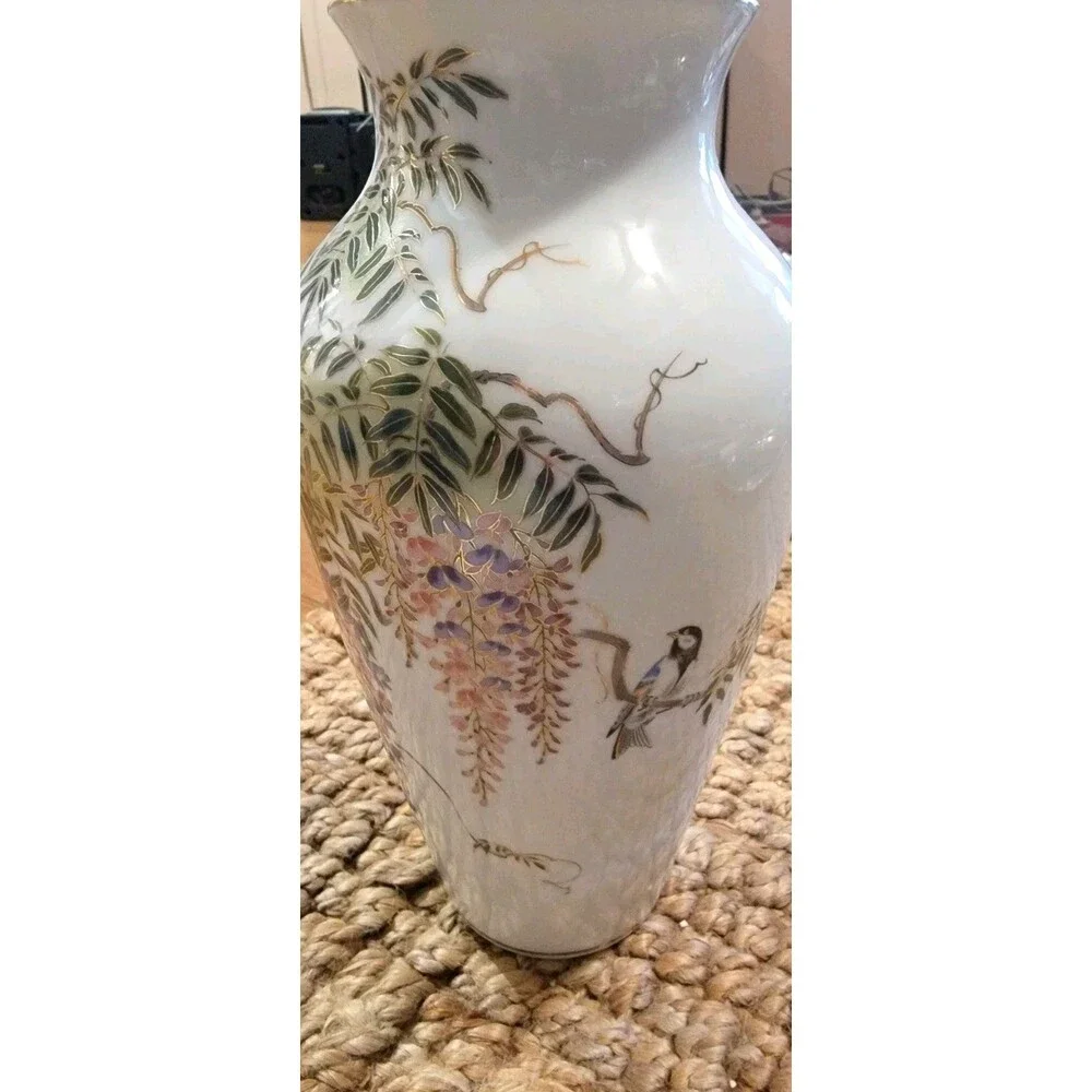Vintage Shibata Japan Fine Porcelain Vase Flowering Wisteria Vine w Songbird 12